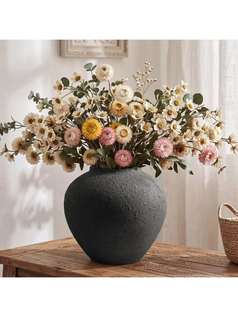 Large Rustic Black Round Vase - Pottery Style Metal Flower Holder for Home Decor